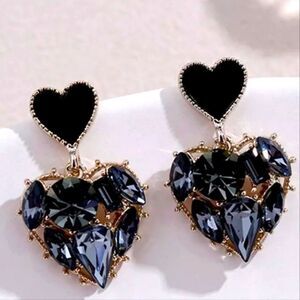 Black Heart Shaped Crystal Drop Dangle Stud Earrings on Silver